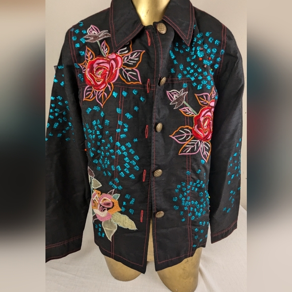 Indigo Moon Embellished Black Jacket Vibrant Floral & Abstract Designs Medium - Picture 1 of 15